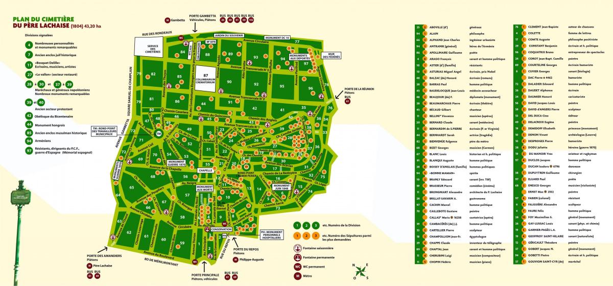 નકશો Père-Lachaise કબ્રસ્તાન